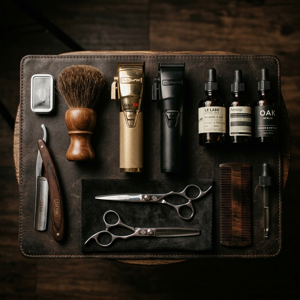 Cordless clippers, professional shears, and protective floor mat